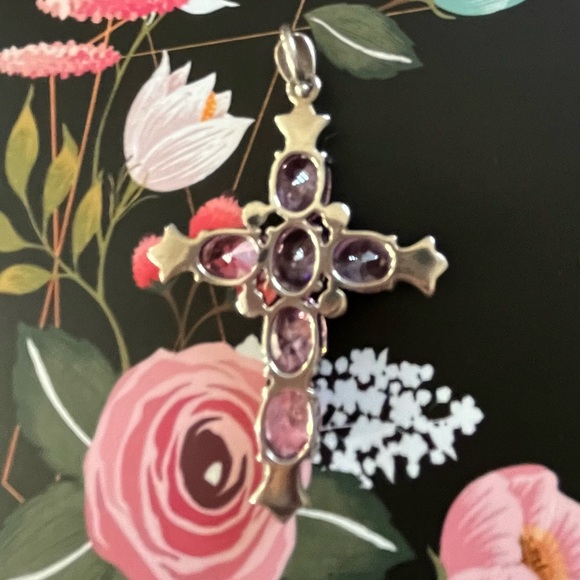 925 Silver Cross Pendant Pink Stones - Picture 5 of 8
